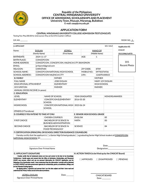 Application Form: Central Mindanao University COLLEGE.